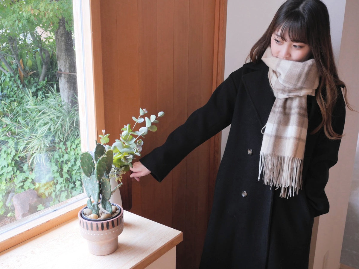 ラインチェックのカシミヤストールを黒いコートに合わせ、窓辺の植物へ自然に手を添えた女性の着用例